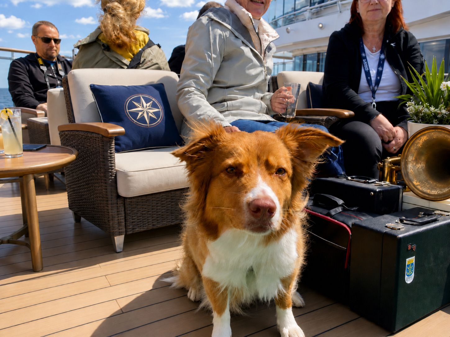 Hund auf dem Außendeck eines Kreuzfahrtschiffs zwischen sitzenden Passagieren