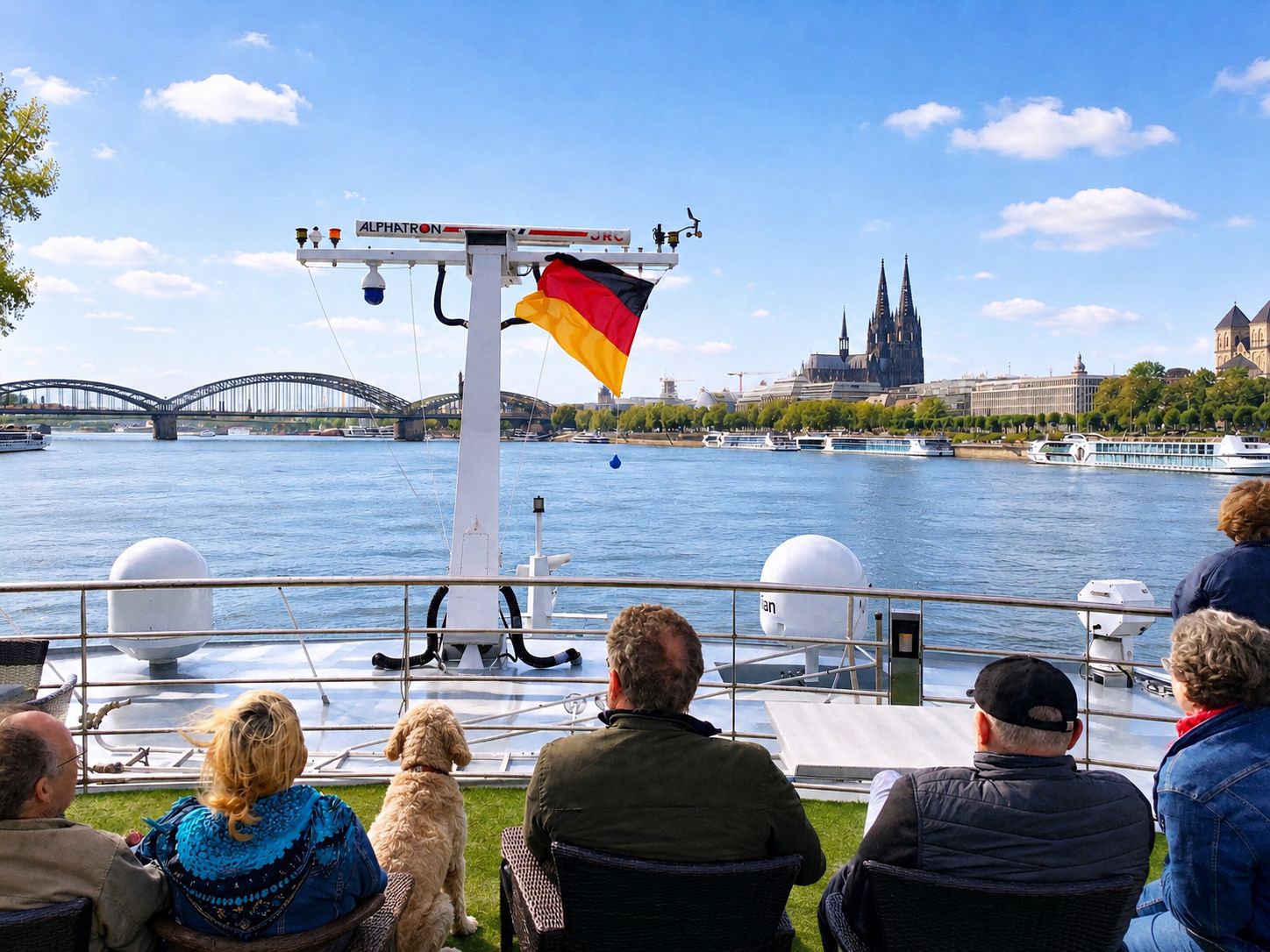 Gäste und Hund auf dem Deck eines Flusskreuzfahrtschiffs mit Blick auf den Kölner Dom und Rheinbrücke