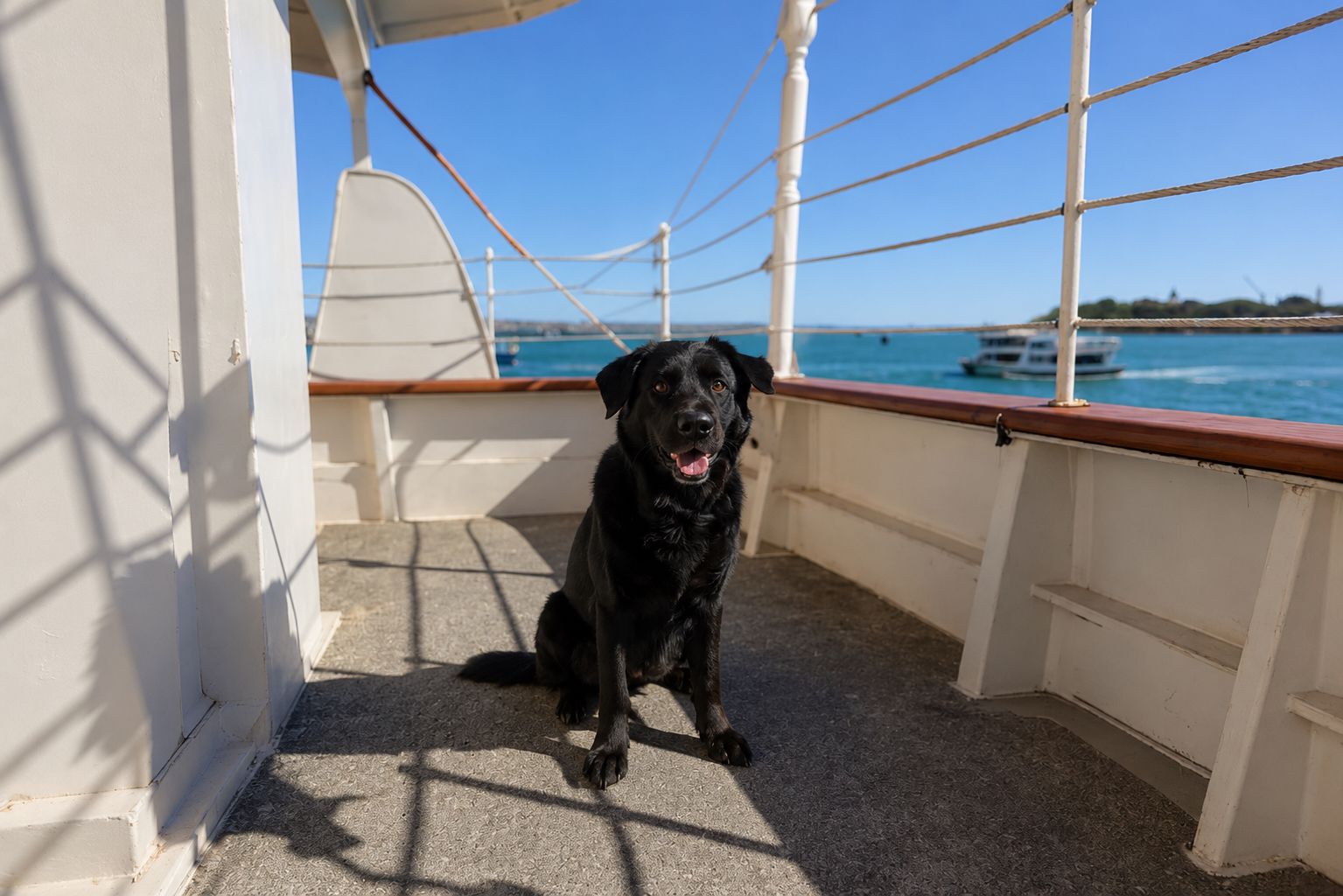 Schwarzer Hund auf dem Außendeck eines Kreuzfahrtschiffs während einer Kreuzfahrt mit Hund