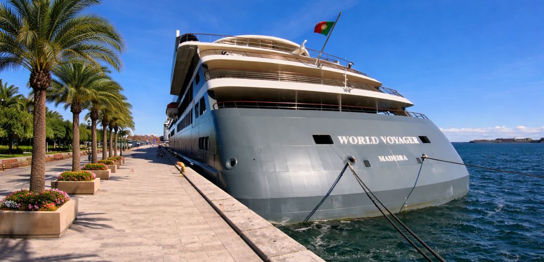 World Navigator Kreuzfahrtschiff im Hafen von Madeira mit Palmenpromenade und blauem Himmel