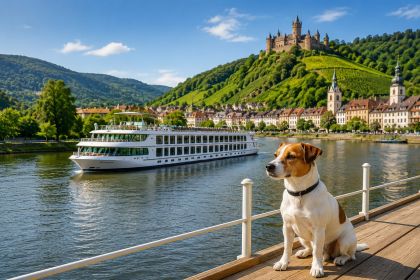 Jack Russell Terrier am Ufer mit Flusskreuzfahrtschiff vor Weinbergen und Burg