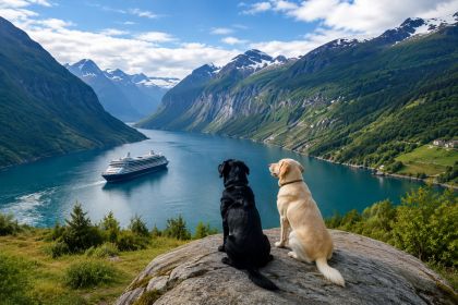 Zwei Hunde blicken auf ein Kreuzfahrtschiff in einem norwegischen Fjord.