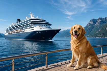 Golden Retriever an Bord vor einem Kreuzfahrtschiff in einem norwegischen Fjord.