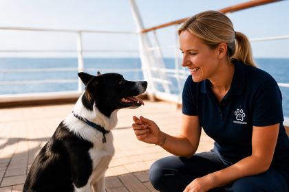 Hundebetreuerin trainiert einen Hund an Bord eines Kreuzfahrtschiffs