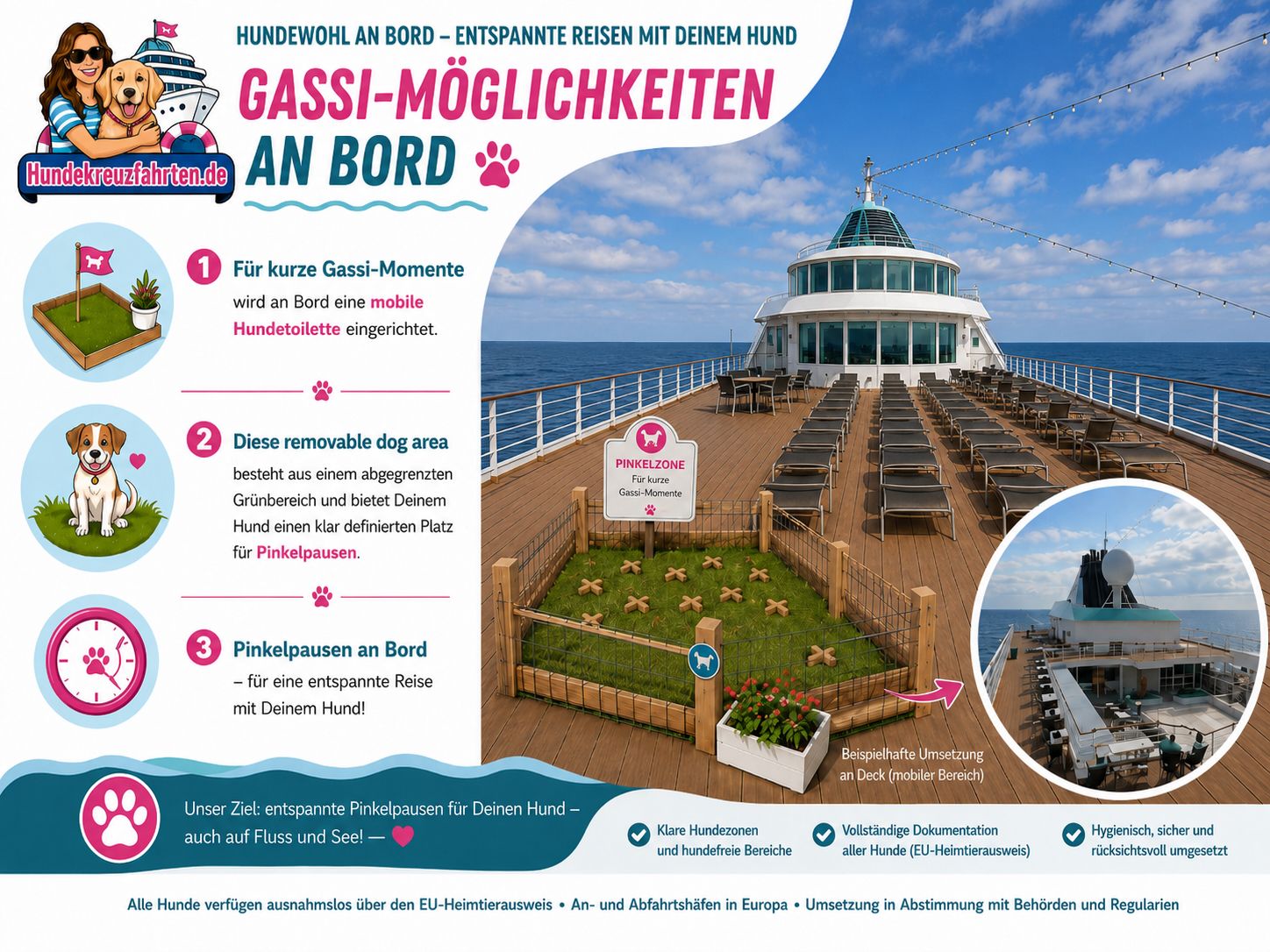 Infografik zu den Gassi-Möglichkeiten an Bord einer Hundekreuzfahrt mit Gassibereich für Hunde auf dem Außendeck