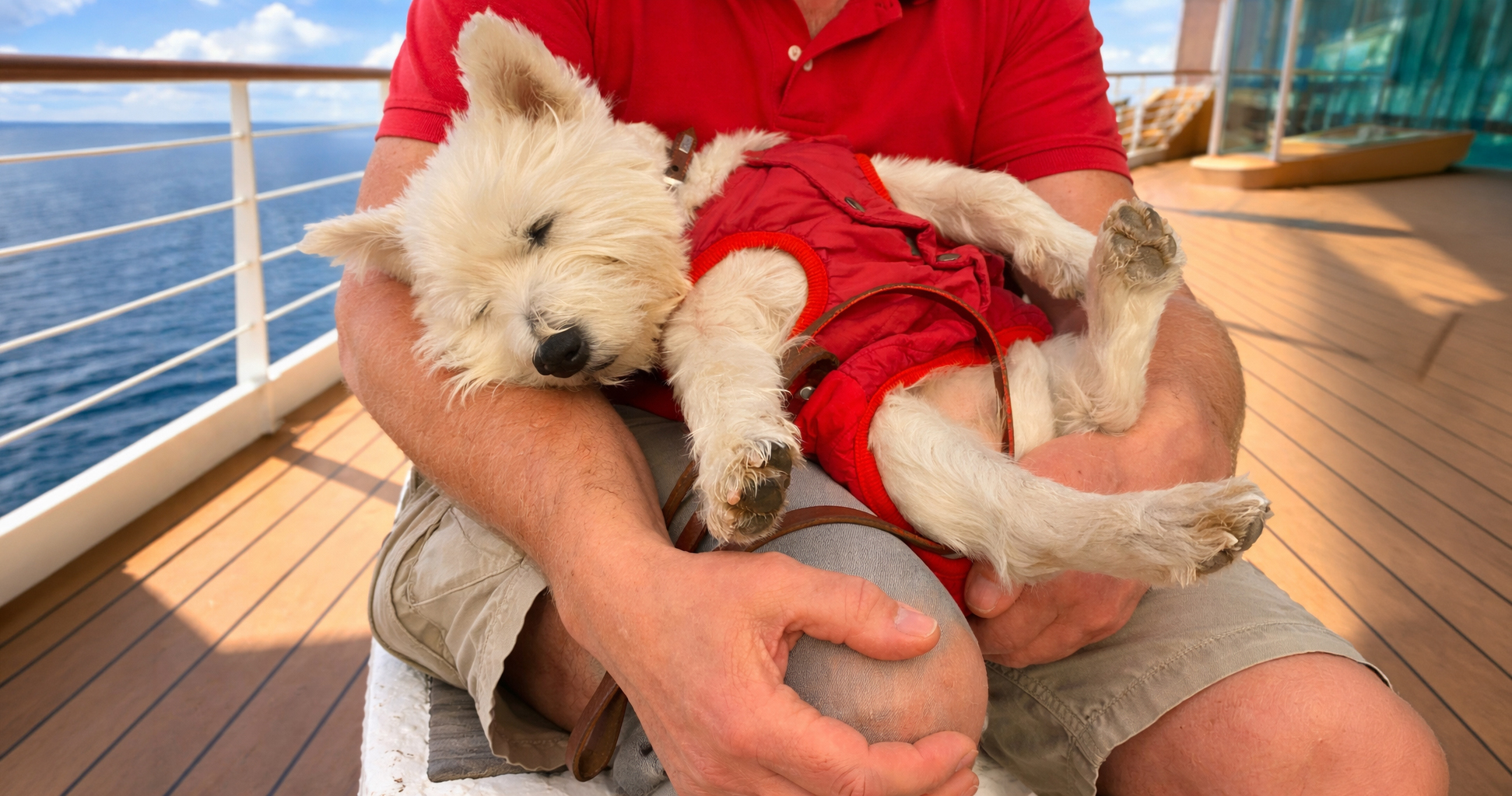 Kleiner Hund an Bord eines Kreuzfahrtschiffs während einer Hochseekreuzfahrt mit Hund Title-Tag / Bildtitel: