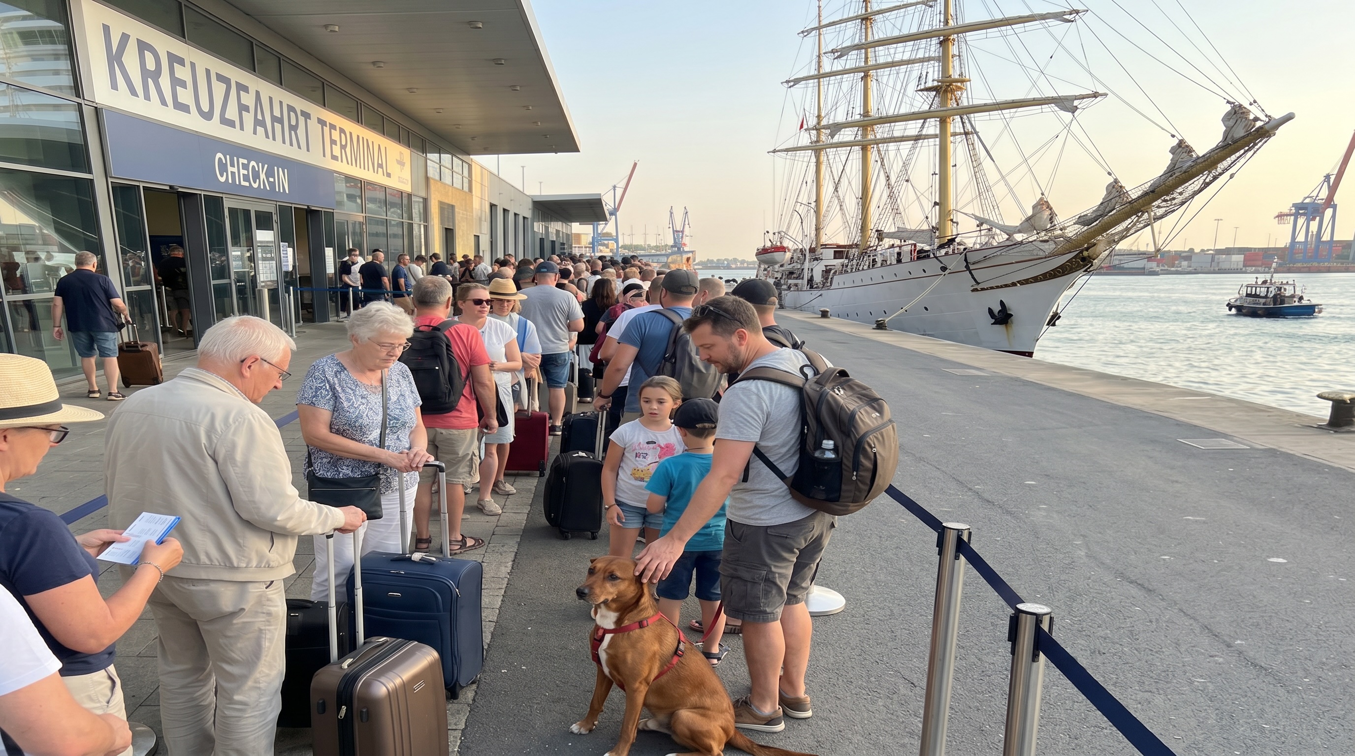 Reisende mit Hund beim Check-in zu einer Hundekreuzfahrt am Kreuzfahrtterminal