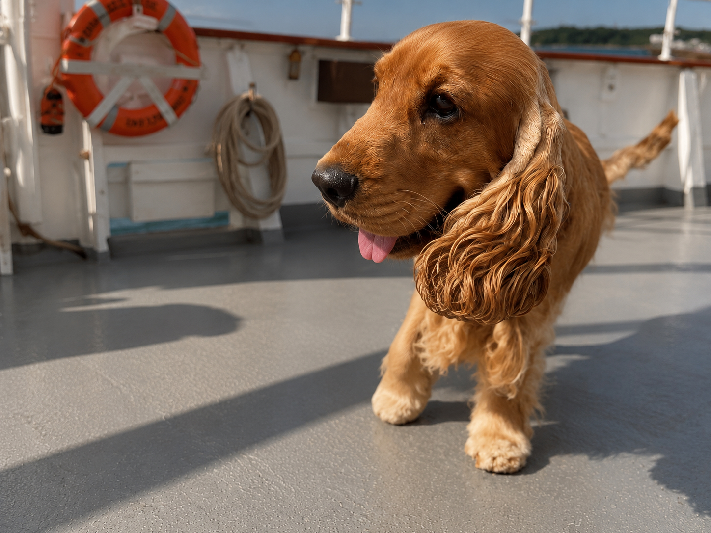 Hund an Bord eines Kreuzfahrtschiffs auf dem Außendeck einer Hundekreuzfahrt