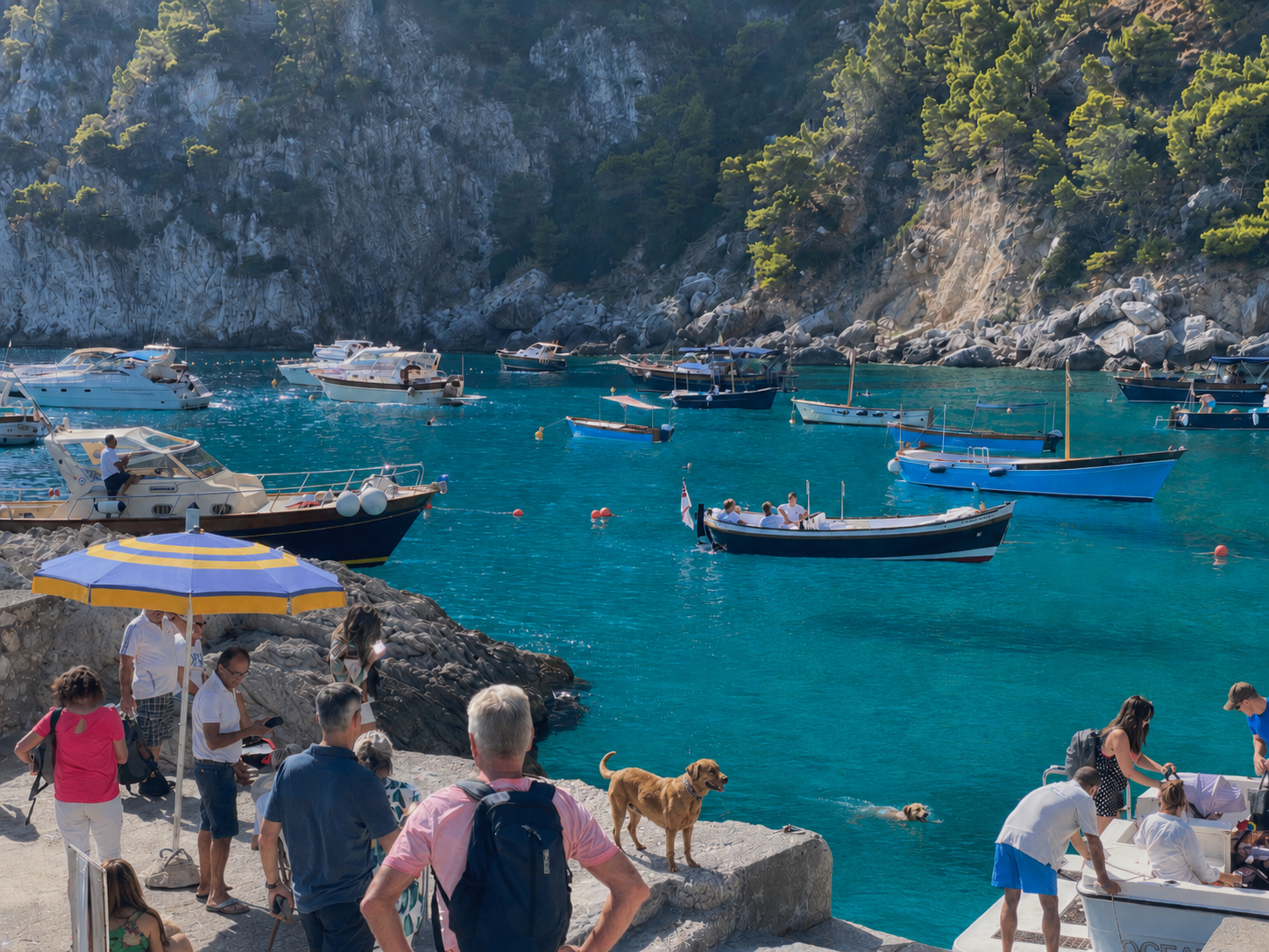 Hundebesitzer mit Hunden bei einem Landausflug auf Elba während einer Kreuzfahrt mit Hund