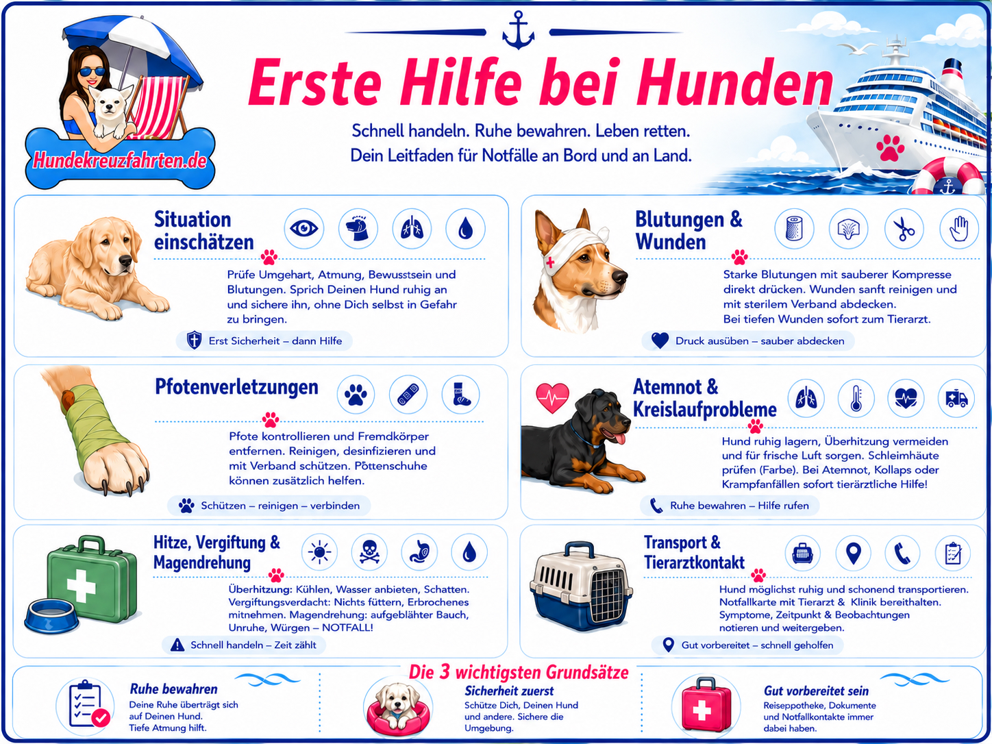 Infografik zur Ersten Hilfe bei Hunden mit Sofortmaßnahmen bei Verletzungen, Blutungen, Atemnot, Vergiftung und Überhitzung Bildunterschrift: Erste Hilfe bei Hunden: Die wichtigsten Sofortmaßnahmen bei Notfällen an Bord und an Land im Überblick.  Der Alt-