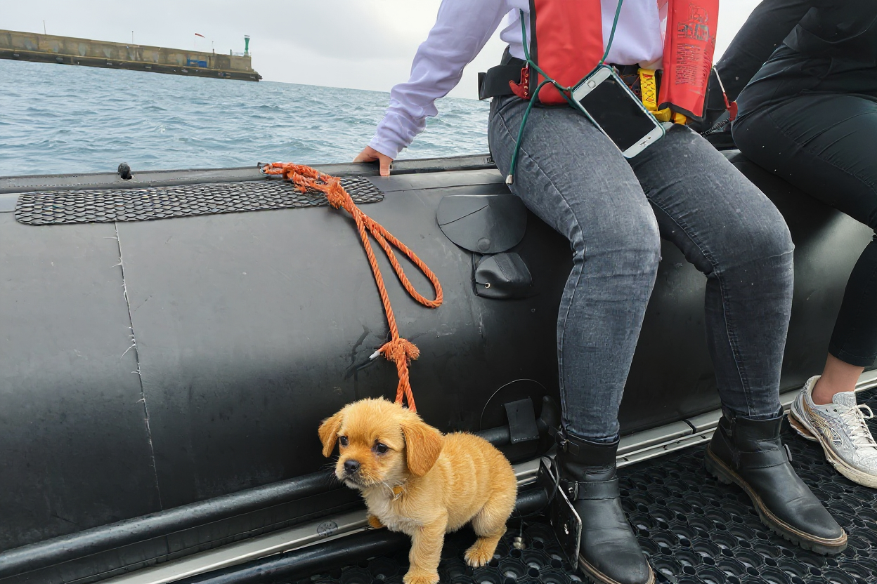 Kleiner Hund auf einem Schlauchboot während einer Kreuzfahrt – Informationen und Tipps zur Vorbeugung von Seekrankheit bei Hunden