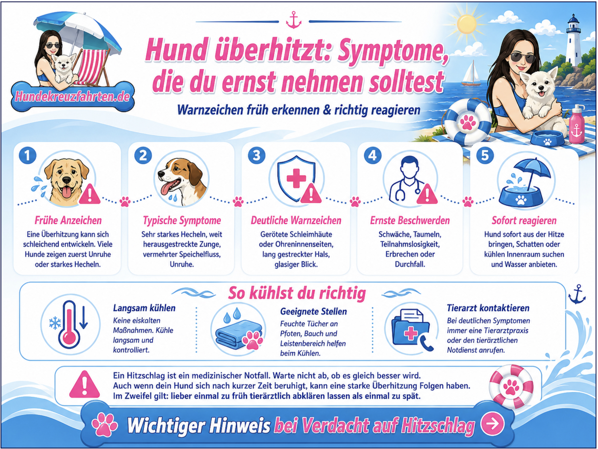 Infografik zu Hund überhitzt Symptome und Warnzeichen bei Hitzschlag auf Reisen