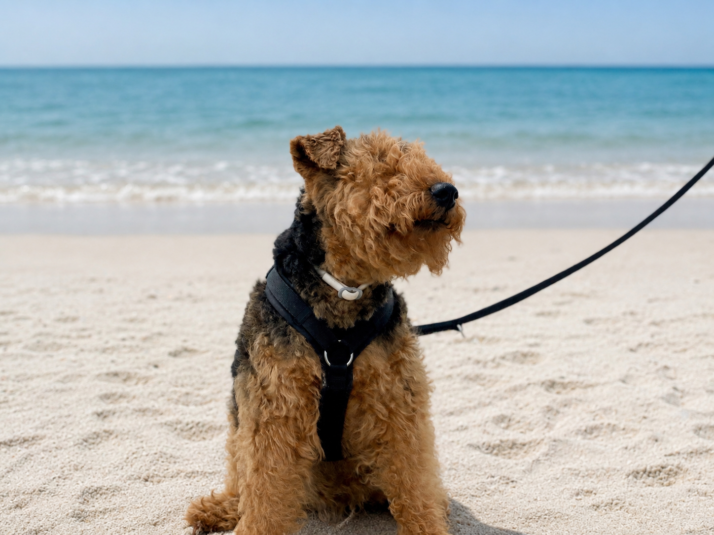 Hundebetreuung während Landausflügen: angeleinter Hund am Meer bei einer Reise mit Hund