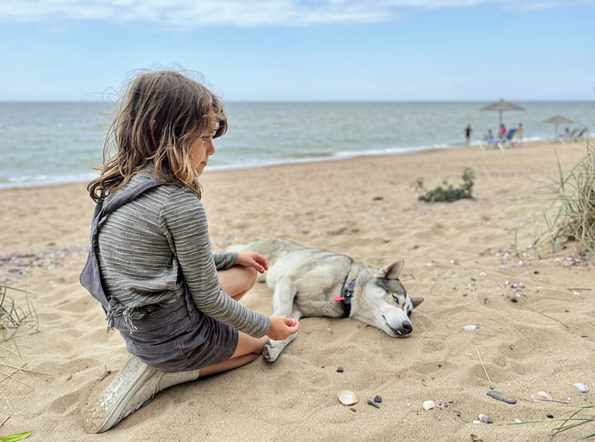 Kind sitzt mit Hund am Strand als Beispiel für familienfreundlichen Urlaub mit Hund vor oder nach einer Hundekreuzfahrt