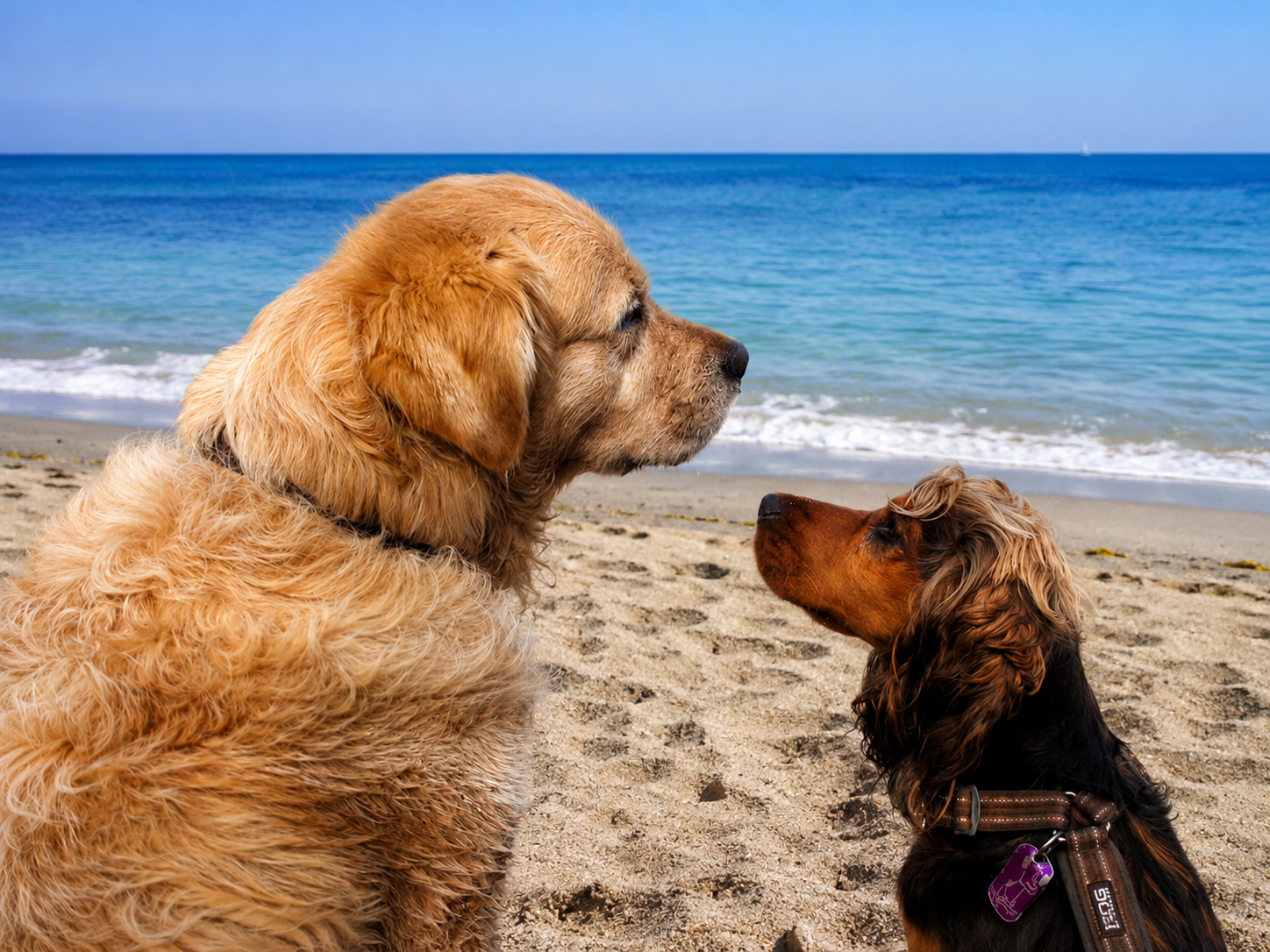 Zwei Hunde entspannen am Strand vor dem Meer als ruhige Reisepause zur Vorbeugung von Seekrankheit