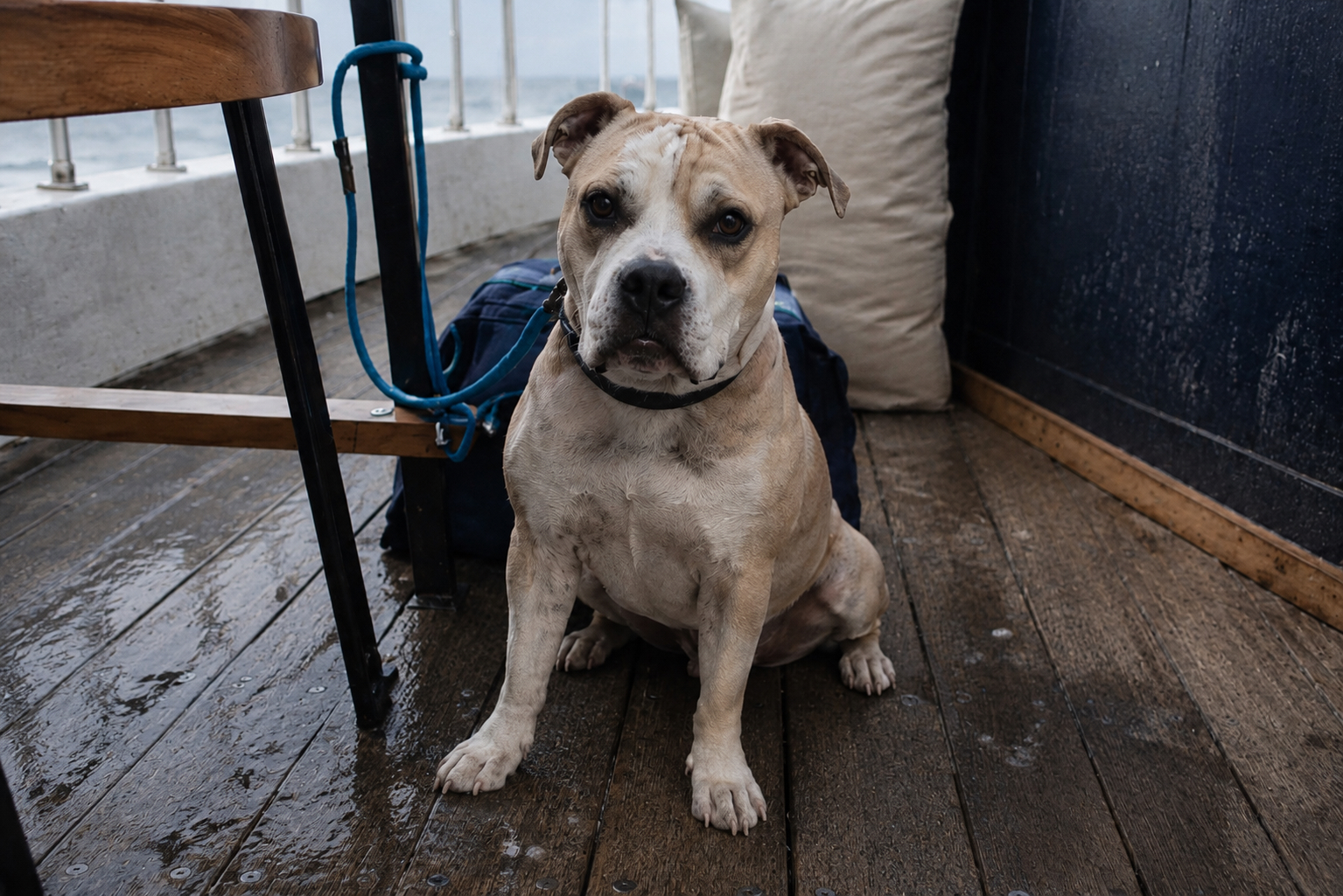 Hund sitzt auf nassem Schiffsdeck und zeigt mögliches Unwohlsein bei Seekrankheit an Bord