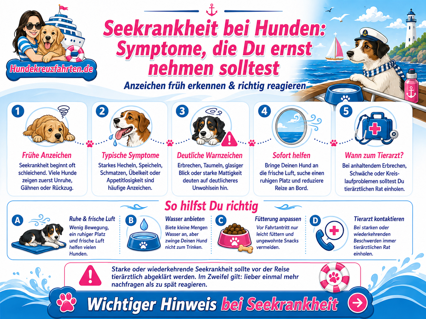 Die Infografik über die Seekrankheit bei Hunden zeigt Anzeichen, Symptome, Warnzeichen und Hilfe
