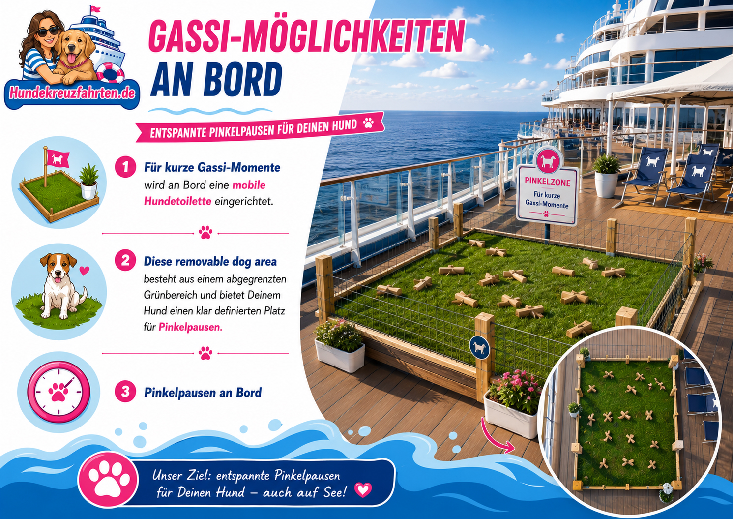 Pinkelzone auf dem Deck eines Kreuzfahrtschiffs als Gassi-Möglichkeit für Hunde an Bord