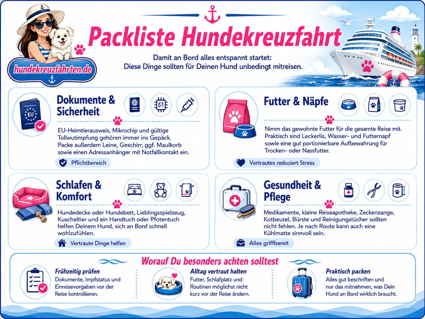 Infografik Packliste Hundekreuzfahrt mit Checkliste für Dokumente, Futter, Schlafplatz, Gesundheit und wichtige Tipps für die Reise mit Hund