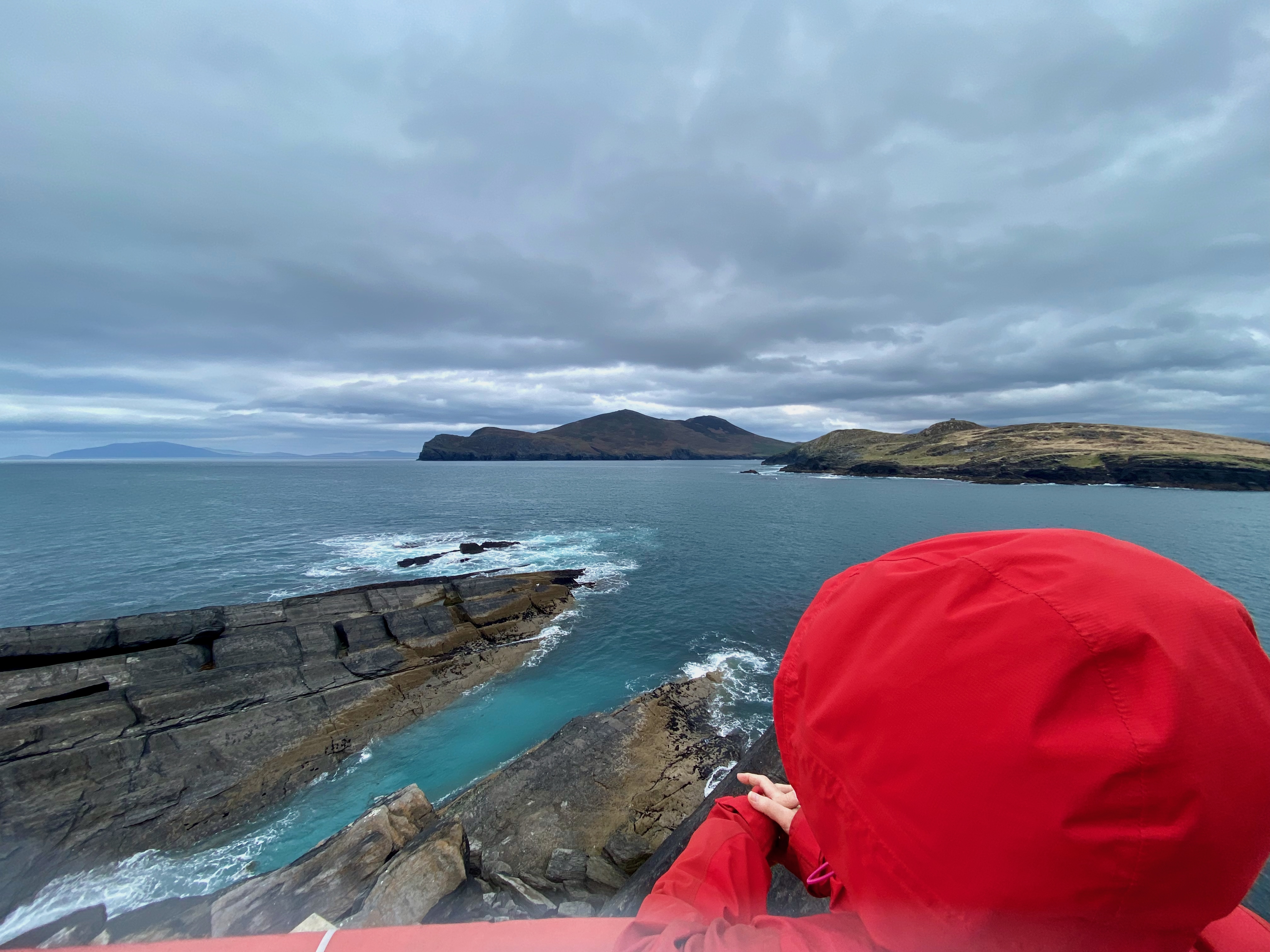 Kreuzfahrt Britische Inseln mit Hund mit Blick auf raue Küste, Felsen und offenes Meer