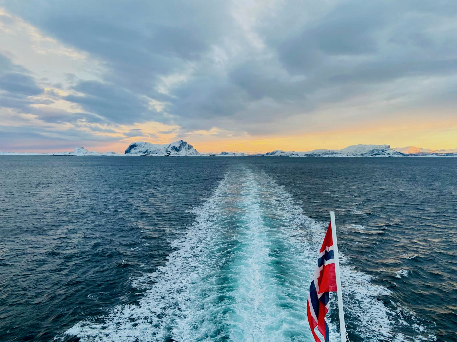 Norwegen Kreuzfahrt mit Hund mit Blick auf Meer, Schiffsspur und verschneite Küste im Abendlicht