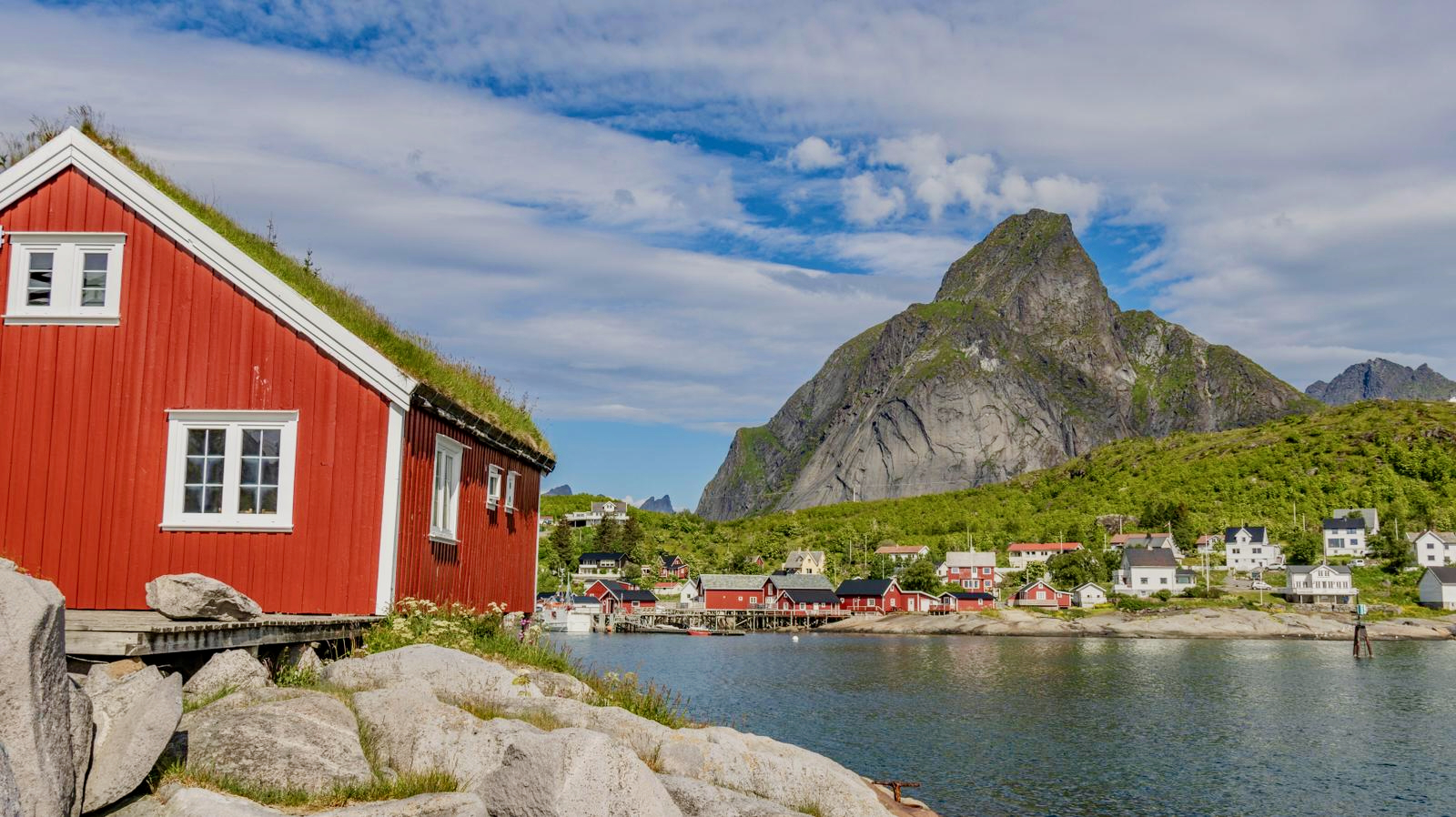 Norwegen Kreuzfahrt mit Hund mit rotem Haus am Wasser, Fjord und Bergen im Hintergrund