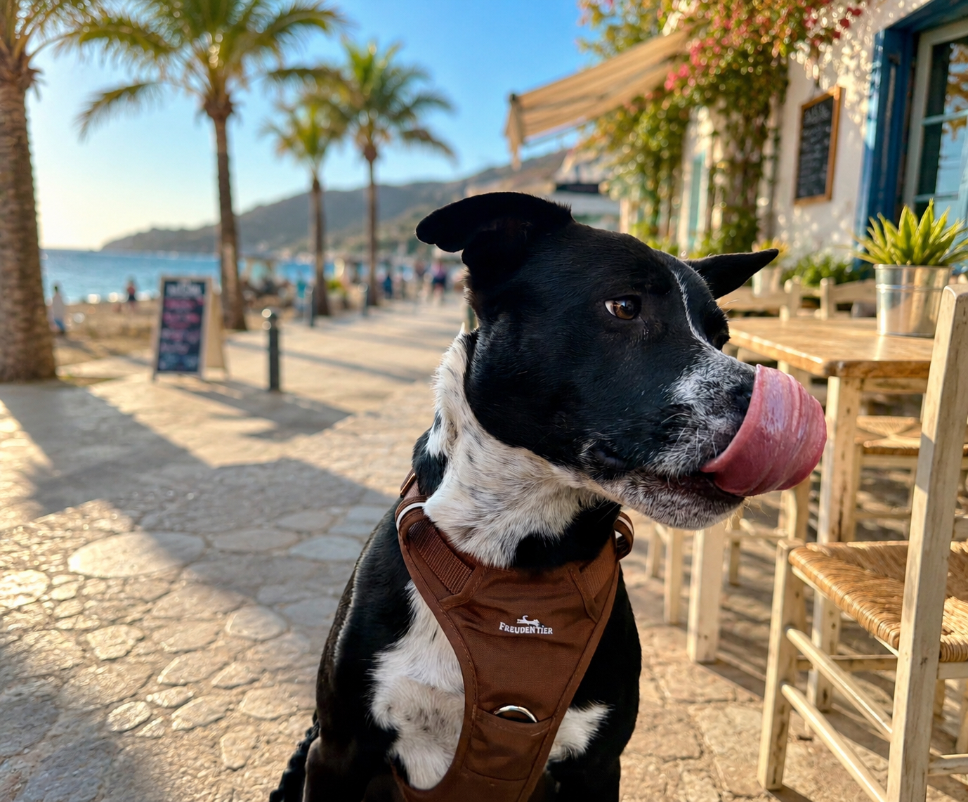 Hundebetreuung während Ausflügen: Hund im Urlaub an einer Promenade am Meer